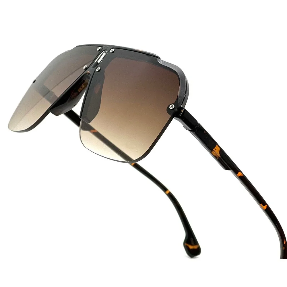 Mens Classy Hip Hop Shield Sunglasses Tortoise Shell Gradient Brown Flat Top New